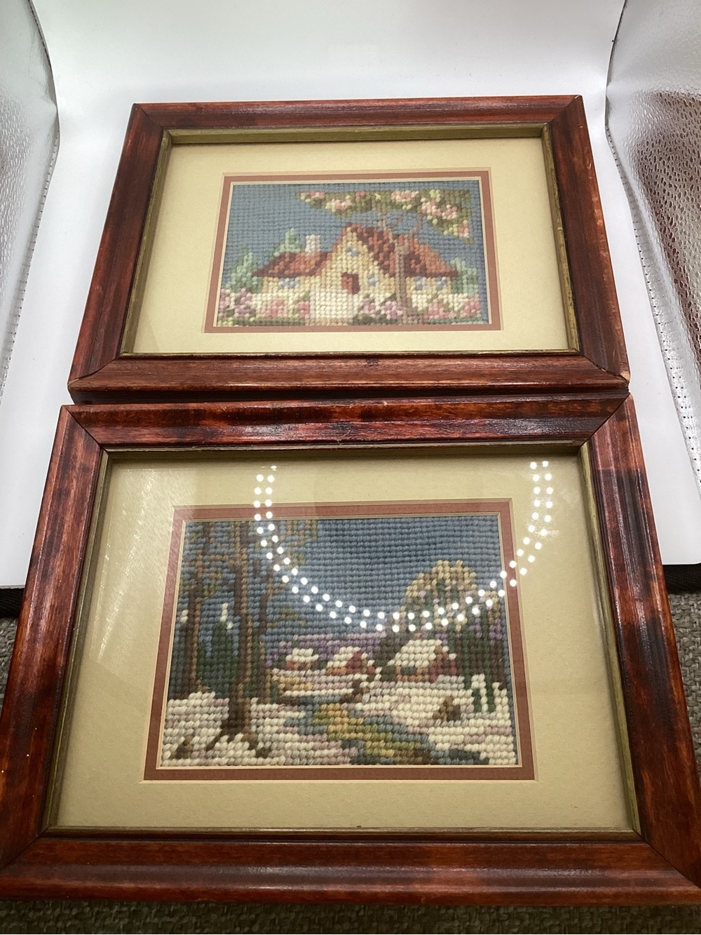 Framed Rustic Brown Matted Needlepoint Cottage Wall Art - Set of 2
